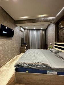 a bedroom with a large bed and a flat screen tv at LOTUS APARTMENTS in Dushanbe