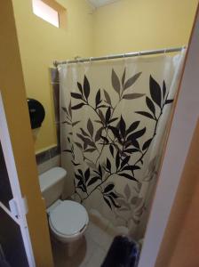 uma casa de banho com uma cortina de chuveiro e um WC. em NovHotel em Comalcalco