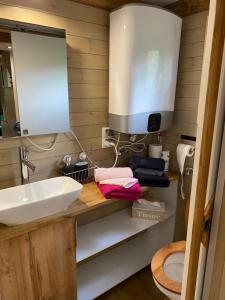 a bathroom with a sink and a tv on the wall at La Tiny House de Nanou in Rochefort