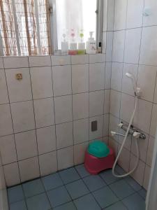 La salle de bains est pourvue de toilettes avec un siège vert. dans l'établissement Minshuku Tantawan -SEVEN Hotels and Resorts-, à Motobu