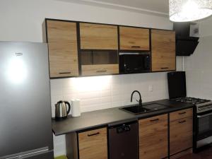a kitchen with wooden cabinets and a black refrigerator at Large holiday apartment with a garden in Stepnica in Stepnica
