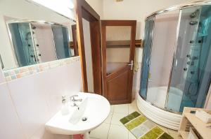 bagno con lavandino, doccia e specchio di Ujastraba a Východná