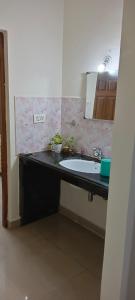 um balcão de casa de banho com um lavatório e um espelho em Suburbs Holiday Home em Dabolim