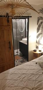 um quarto com uma cama e uma casa de banho com um lavatório em Proche circuit des 24 heures du Mans em Moncé-en-Belin