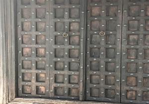 un par de puertas metálicas en un edificio en Beach hote, en Tanga