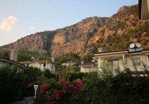 een uitzicht op een berg met huizen en bloemen bij 7 Gocek Royal in Belenpınar