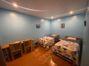 two beds in a room with blue walls at 囍潜Side Effects Dive Resort Dauin in Dauin