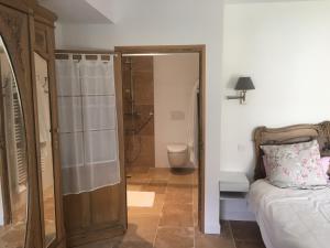 a bedroom with a shower and a bed and a bathroom at Les Chantours in Saint-Antoine-Cumond