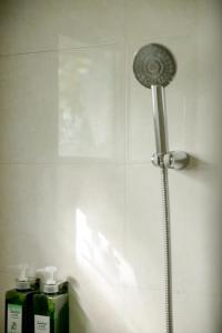 a shower in a bathroom with a shower head at Alps Garden B&B in Wujie