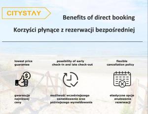 a screenshot of a website with the benefits of direct booking at CITYSTAY Gdynia Śródmieście Apartament z sauną in Gdynia