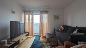 ein Wohnzimmer mit einem Sofa und einem Flachbild-TV in der Unterkunft Appartement lumineux et cosy avec balcon - 3P in Les Lilas