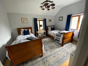 1 dormitorio con 2 camas y lámpara de araña en Salmon Weir Lodge, en Cong
