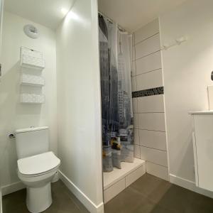 biała łazienka z toaletą i prysznicem w obiekcie Studio Occitanie 20 m2 tout équipé avec jardin w mieście Muret