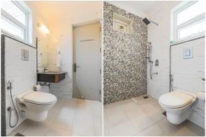 two pictures of a bathroom with a toilet and a sink at Hotel Wedlock 39 in Gurgaon