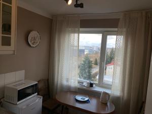 a kitchen with a window and a table with a microwave at Jalaka, Nice 2-bedroom apartment - 1 big bed - 2 single bed in Tartu