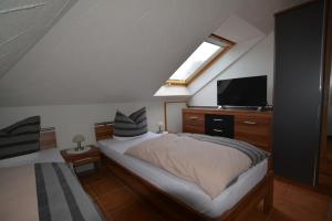 1 dormitorio con 1 cama y TV de pantalla plana en Ferienwohnung Späth en Ludwigswinkel