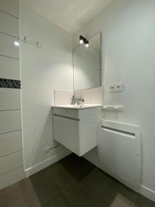 W białej łazience znajduje się umywalka i lustro. w obiekcie Studio Occitanie 20 m2 tout équipé avec jardin w mieście Muret