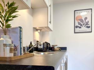 encimera de cocina con fregadero y fregadero en City Centre Apartment Near the University and Bodleian Library en Oxford