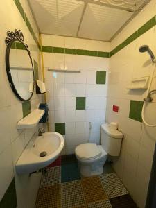ein Badezimmer mit einem Waschbecken, einem WC und einem Spiegel in der Unterkunft Vientiane Star Hotel B in Vientiane