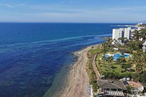 an aerial view of a beach and the ocean at Estudio reformado primera linea playa in Sitio de Calahonda