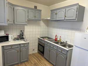 - une cuisine avec des placards gris et un évier dans l'établissement Confortable appart 5 mins centre de valenciennes, à Anzin