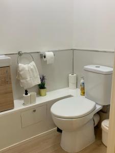 a white bathroom with a toilet and a sink at COBBOLD COURT share flat in London