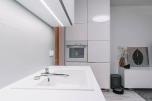 a white kitchen with a sink and an oven at E3 Luxury OldTown Apt w Free Garage, Supermarket, FastWifi, Unlimited Music, Prime Video, Aircon in Košice