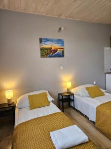 Zimmer mit 2 Betten und Wandgemälde in der Unterkunft Bingo in Powidz