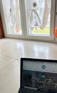 um computador portátil sentado numa mesa em frente a uma janela em sweet Margot em Anzio