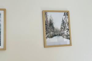 duas fotografias emolduradas de árvores na neve numa parede em La Pomme de Pin em Scionzier