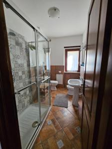ein Bad mit einer Dusche, einem WC und einem Waschbecken in der Unterkunft Il Rifugio di Carmine in Castel di Sangro