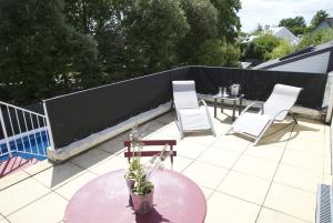 eine Terrasse mit 2 Stühlen und einem Tisch mit Topfpflanze in der Unterkunft Gîte La Terrasse Du Verger in Carquefou