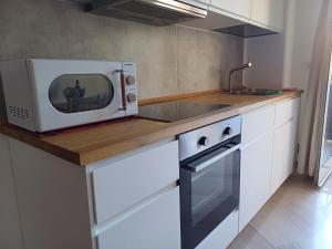 eine Mikrowelle auf einer Küchentheke in der Unterkunft RQ Apartments in Bari