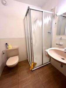 ein Bad mit einer Dusche, einem WC und einem Waschbecken in der Unterkunft B&B Haus Seethaler - Not a hotel ! in Wörgl