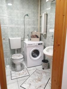 a bathroom with a washing machine and a toilet at Apartman Dreams in Novi Sad