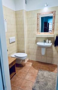 a bathroom with a toilet sink and a mirror at Perła Mazur przy Promenadzie Mikołajki in Mikołajki
