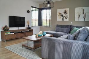 uma sala de estar com um sofá e uma televisão em Vakantiehuis 't Hofje nabij dorpscentrum en strand em Castricum
