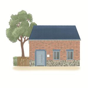 a brick house with a tree and a fence at La petite Flânerie in Mondrepuis