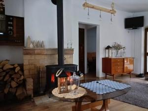 a living room with a wood stove and a table at Bory Tucholskie Domek Starzyska in Osówek