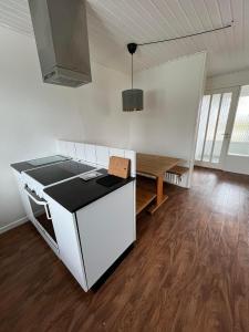 een keuken met een fornuis en een tafel in een kamer bij Jyske ås in Dybvad