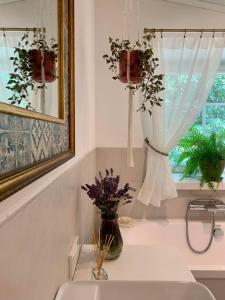 baño con lavabo y ventana con flores en Pušyno apartamentai, en Druskininkai