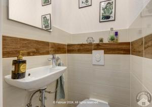 ein Bad mit einem Waschbecken und einem Spiegel in der Unterkunft Schöne Wohnung in beliebte Stadtteil von Mainz in Mainz