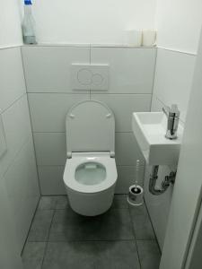 a small bathroom with a toilet and a sink at Celine Zimmer in Heilbronn Zentrum in Heilbronn