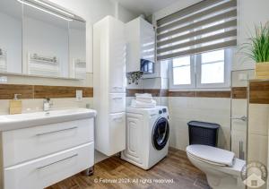 ein weißes Bad mit einer Waschmaschine in der Unterkunft Schöne Wohnung in beliebte Stadtteil von Mainz in Mainz