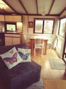 een woonkamer met een bank met 2 vlinderkussens bij Anne's Lodge Caerberis Holiday Park, dog friendly in Builth Wells