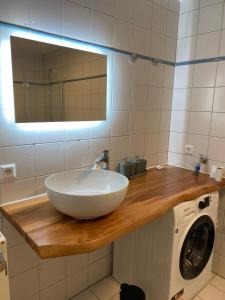 a bathroom with a sink and a washing machine at Ferienwohnung am Obertor in Pfullendorf