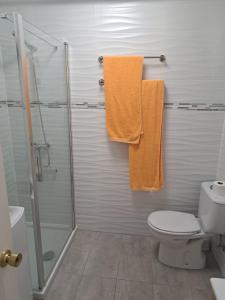 a bathroom with a shower and a toilet and towels at Apartamento PinkFloyd im Palm Garden in Morro del Jable