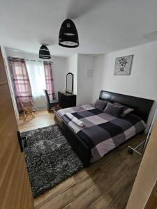 een slaapkamer met een groot bed en een tapijt bij Appartement cosy près de Douai in Flers-en-Escribeus