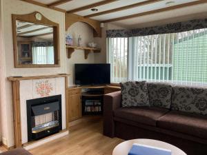 a living room with a couch and a fireplace at Spacious caravan with DG, CH & veranda in Skegness