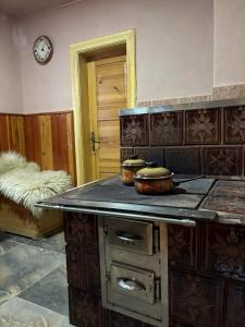 a kitchen with a stove top oven in a room at Chata Nemcová - Muránska planina in Muráň